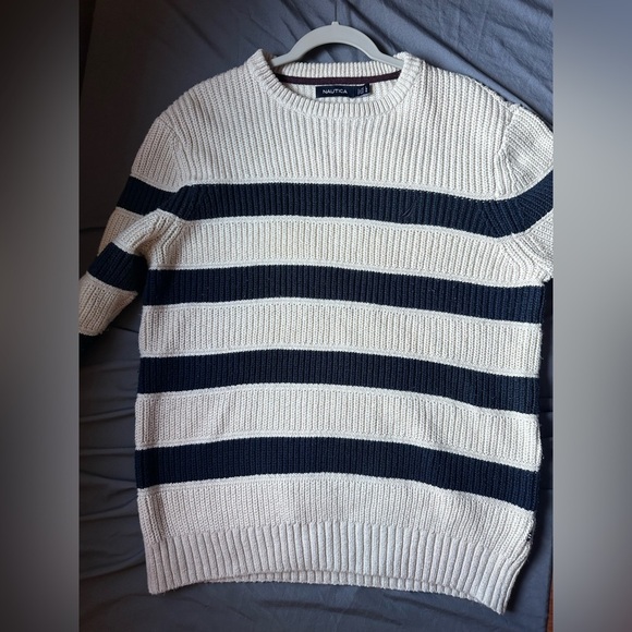 Nautica Men's Striped Knit Sweater - Cream and Navy Size Large - Picture 1 of 7